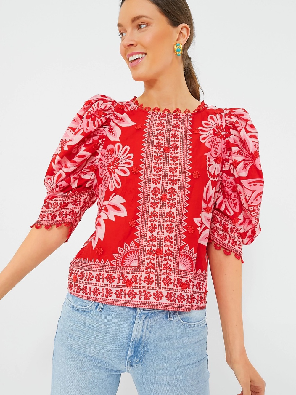 Farm Rio Flora Tapestry Blouse Puff Sleeve Peasant Boho Statement Bold Red XS - Picture 6 of 16